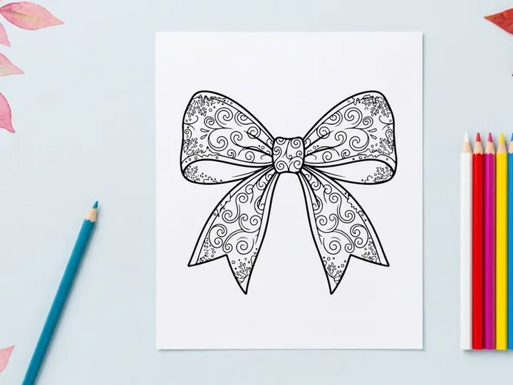 Decorative Christmas gift bow with elegant swirl pattern line art illustration