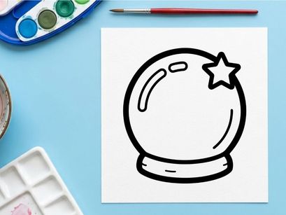 Crystal ball icon with star. Magic fortune teller sphere line art illustration.