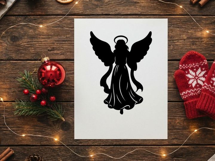 Black silhouette of a Christmas angel with wings and halo on a white background