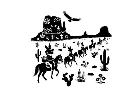 Desert scene with silhouette of cactus horses and rider in southwestern landscape silhouette