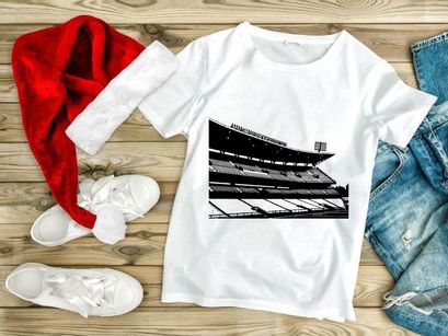 Black and white image of an empty sports stadium with tiered seating