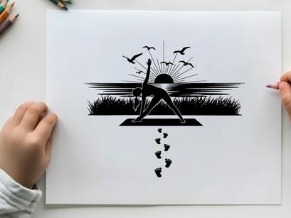 Silhouette of a woman practicing yoga at sunrise with birds flying overhead silhouette