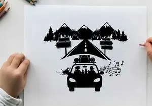 Family road trip adventure silhouette to mountains and forest