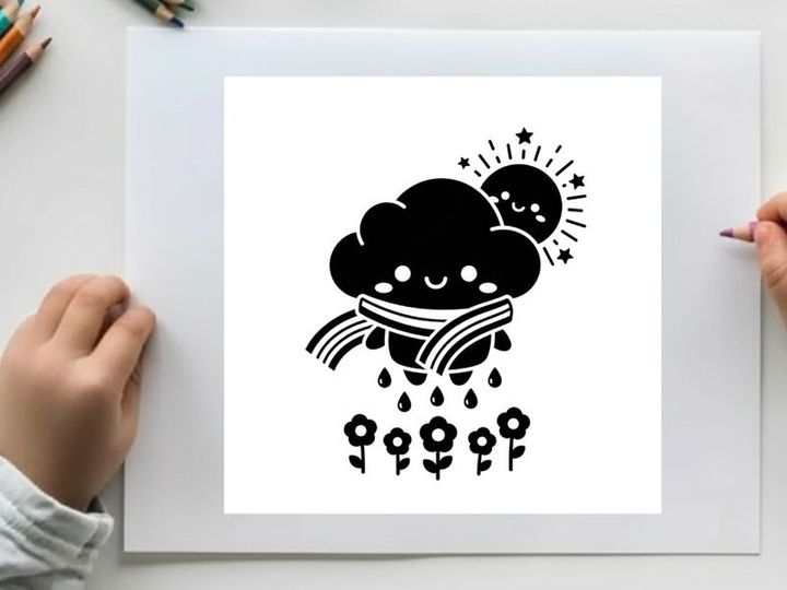 A smiling cloud silhouette wearing scarf with sun and flowers