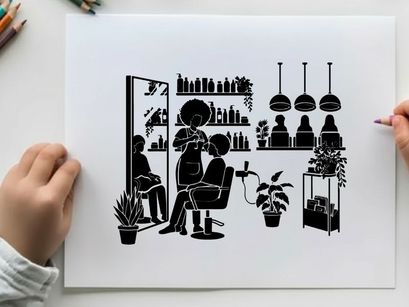 Silhouette of a hair salon with customers and stylists