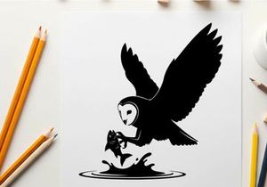 Silhouette of an owl swooping down to catch a fish