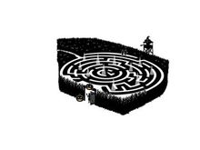 Silhouette of a person standing on a maze with a watchtower silhouette