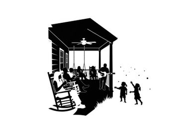 Silhouette of family on a porch with children playing preview picture