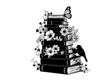 Silhouette of books with flowers butterfly and bird on a white background