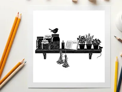 Silhouette of bird and plants on a shelf with jars and hanging flowers