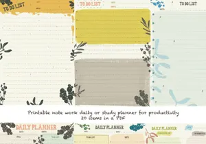Printable note work daily or study planner for productivity  You receive a file PDF which have 20 pages. Every page is a study planner