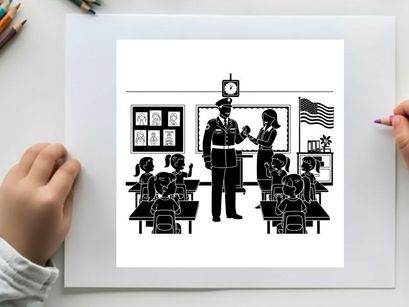 Police officer visiting a classroom with teacher and students silhouette