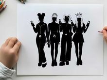 Four women in silhouette checking their phones together
