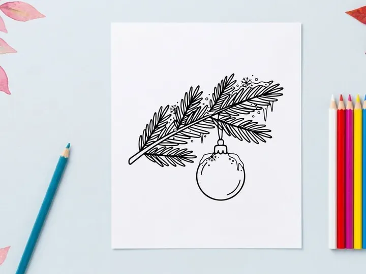 Christmas tree branch with hanging bauble ornament, hand drawn line art sketch illustration.