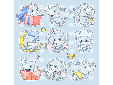 Cute elephants kawaii cartoon vector characters set preview picture