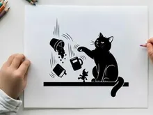 Mischievous silhouette cat causing chaos with spilled objects