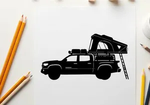 Silhouette of a truck with a rooftop tent and ladder