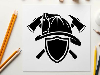 Firefighter silhouette logo with helmet shield axes and coat