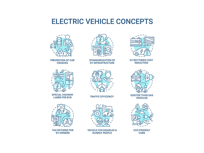 EV introduction round concept icons set.