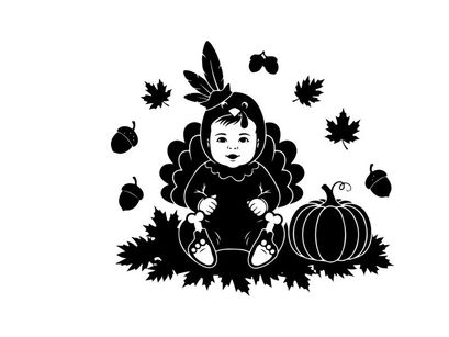 Native american child silhouette in autumn leaves and pumpkin