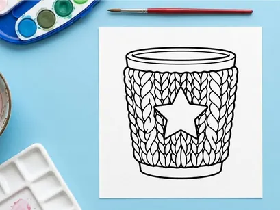 Christmas mug coloring page with knitted texture and star icon for holiday art projects.