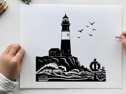Silhouette of a lighthouse on a rocky coastline with seagulls
