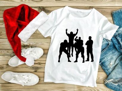 Silhouette of four men in dynamic poses one jumping in air with arms raised