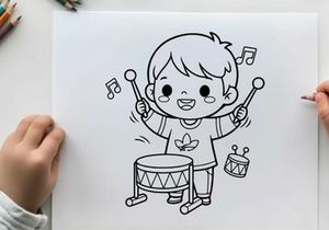 Cute child playing bongo drums music vector illustration