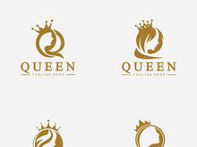 Beautiful face queen icon logo.for queen logo.Beauty woman hair salon golden logo. cosmetic, skin care business logo