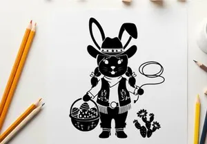 Easter bunny silhouette in cowboy hat with basket