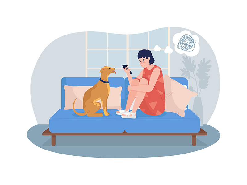 Unhappy teen girl at home 2D vector isolated illustration