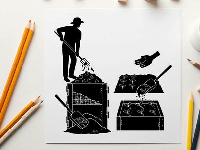 Silhouette of a man composting with a shovel and turning pile silhouette