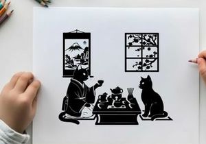 Whimsical silhouette of cats in traditional japanese setting tea ceremony