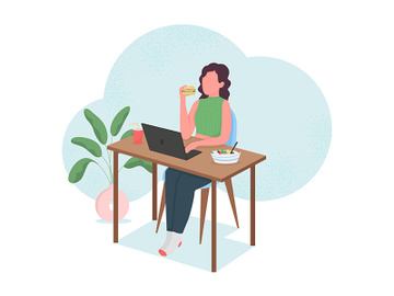 Woman eating at computer desk flat color vector faceless character preview picture