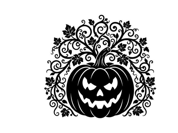 Halloween Pumpkin with Spooky Face and Decorative Vines