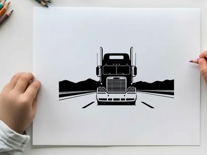 Semi truck silhouette on open road with mountains