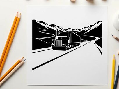 Truck driving through mountains in black and white silhouette