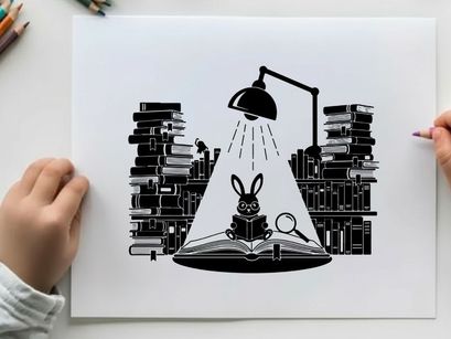 Rabbit silhouette studying under a desk lamp at night