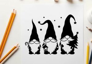 Three gnomes silhouette with christmas tree and stars