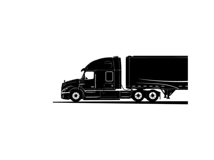 Black silhouette of a large semi truck on a white background