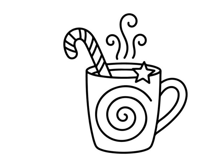 Hand-drawn steaming Christmas coffee mug with candy cane stirrer and festive swirls