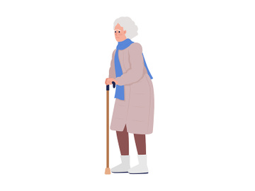 Worried old woman with walking stick flat color vector character preview picture