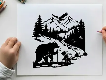 Silhouette of bear and child in mountainous landscape with eagle