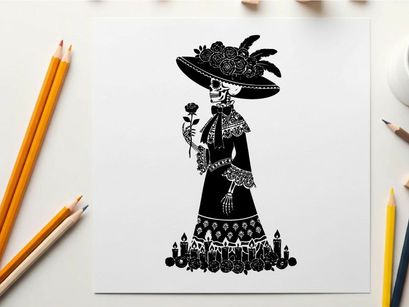 Elegant silhouette of a woman in a large hat and dress
