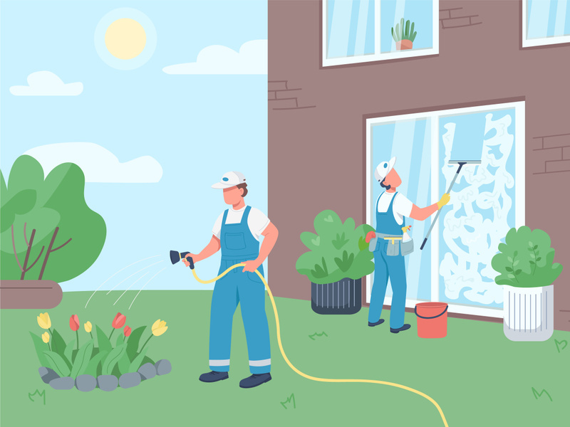 Janitors team cleaning house flat color vector illustration