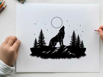 Wolf silhouette howls at full moon in forest silhouette