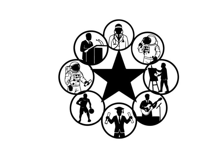 Silhouette of musicians in various performance roles around a star
