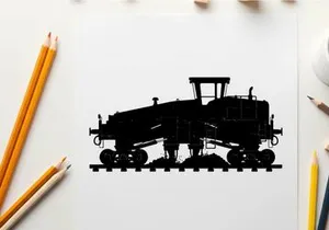 Silhouette of a large industrial train engine on railroad tracks