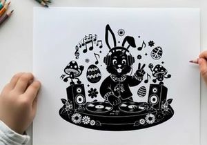 Easter bunny dj silhouette spinning records with easter eggs