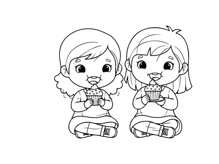 Twin girls eating cupcakes vector illustration flat design